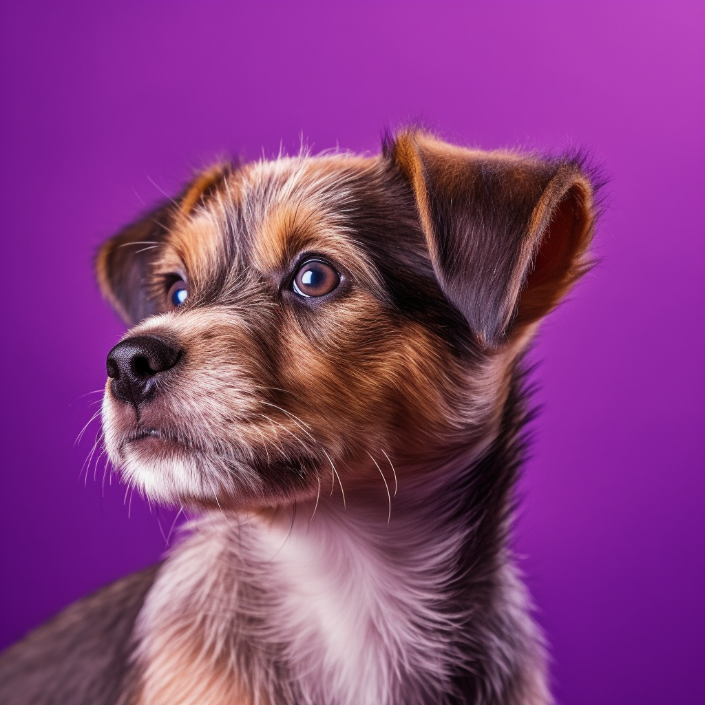 Um retrato de um cachorrinho adorável olhando para a esquerda.  Fundo roxo liso.  Fotorrealista.  Profundidade superficial de campo.
